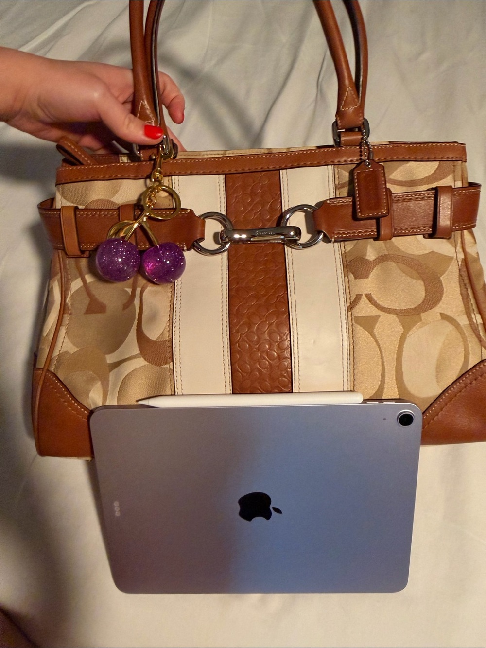 Coach Tan, White and Purple Stripe Satchel with Charm - Picture 6 of 7